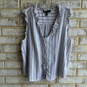 Ellen Tracy Sleeveless V-Neck Button Up Linen Blend Striped Blouse Size XL